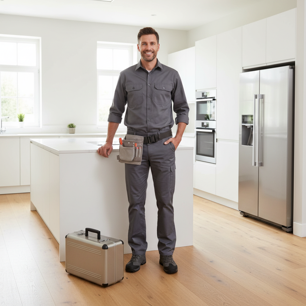 Smiling appliance repair technician in a modern kitchen