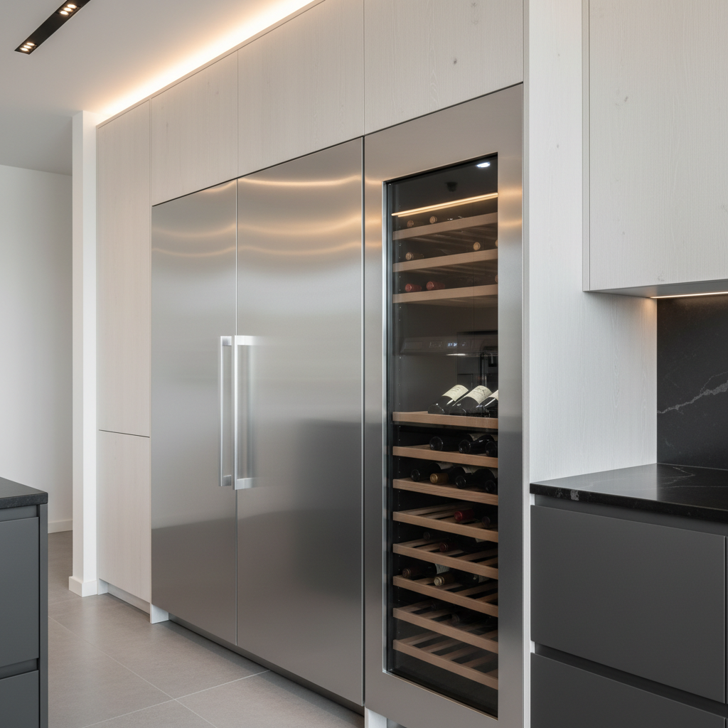 High-end built-in refrigerator and wine cooler in a modern kitchen